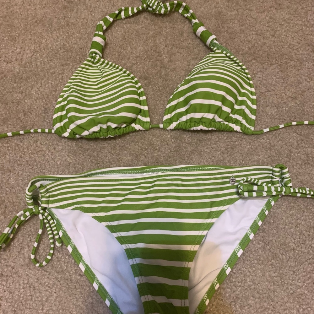 White and green striped bikini
